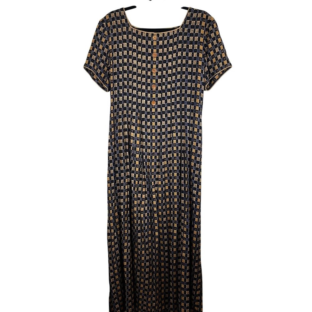 Vintage Plaid Maxi‎ Dress Blue 14 Pleats Geometric Belt Boho Indie Folk Festival